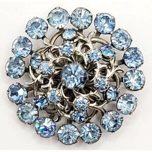 Brooch Pin Blue Rhinestone Layered Cluster Silver Tone Round Sparkly Mid-Century